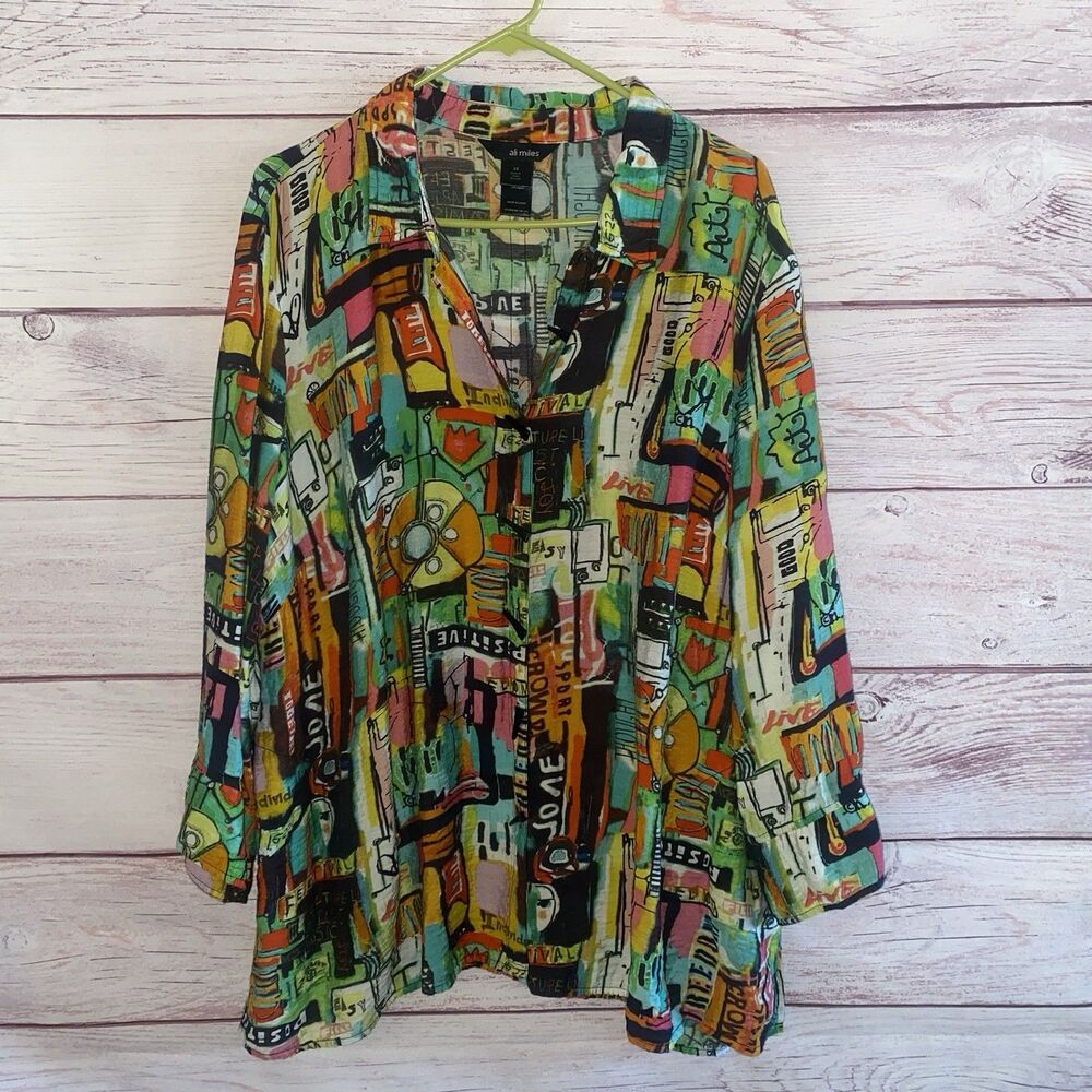 Ali Miles Womens 2X Tunic Top Abstract Art Print Toggle Detail Colorful Blouse